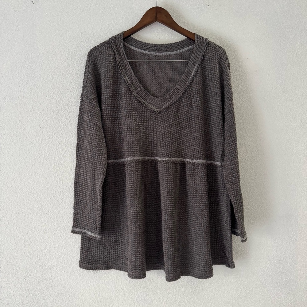 Cozy Boho Waffle Knit V-Neck Babydoll Top XL Long Sleeve Gray Cozy Soft Girl - Picture 10 of 12